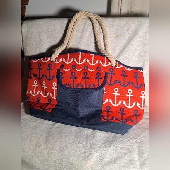 Red and Blue Anchor Tote/Beach Bag with Rope Handle Exterior Pocket Insulated - Picture 2 of 4